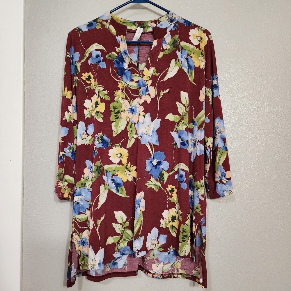 Honeymeโ Top Floral 3/4 Sleeve Women's Large V Neck Boho Blouse Pullover